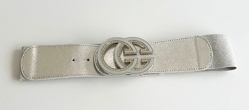 CZ Double C Buckle Elastic Belt - Silver