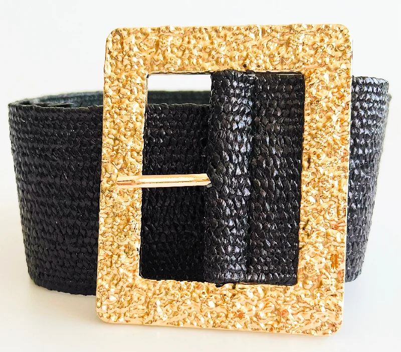 Square Buckle Straw Elastic Belt -  Black