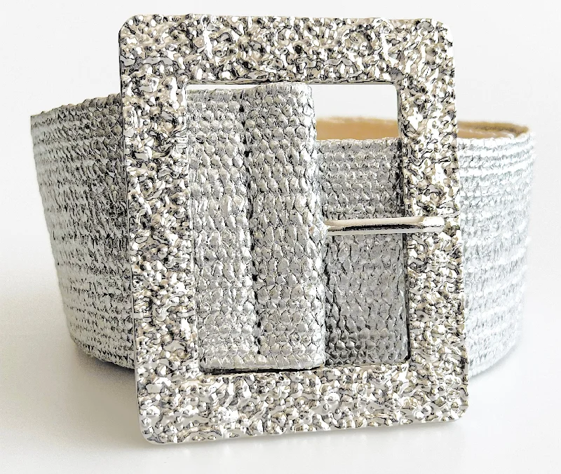 Square Buckle Straw Elastic Belt -  Silver