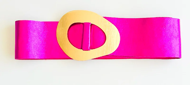 Wide Buckle Metallic Leather Suede Belt - Fuchsia