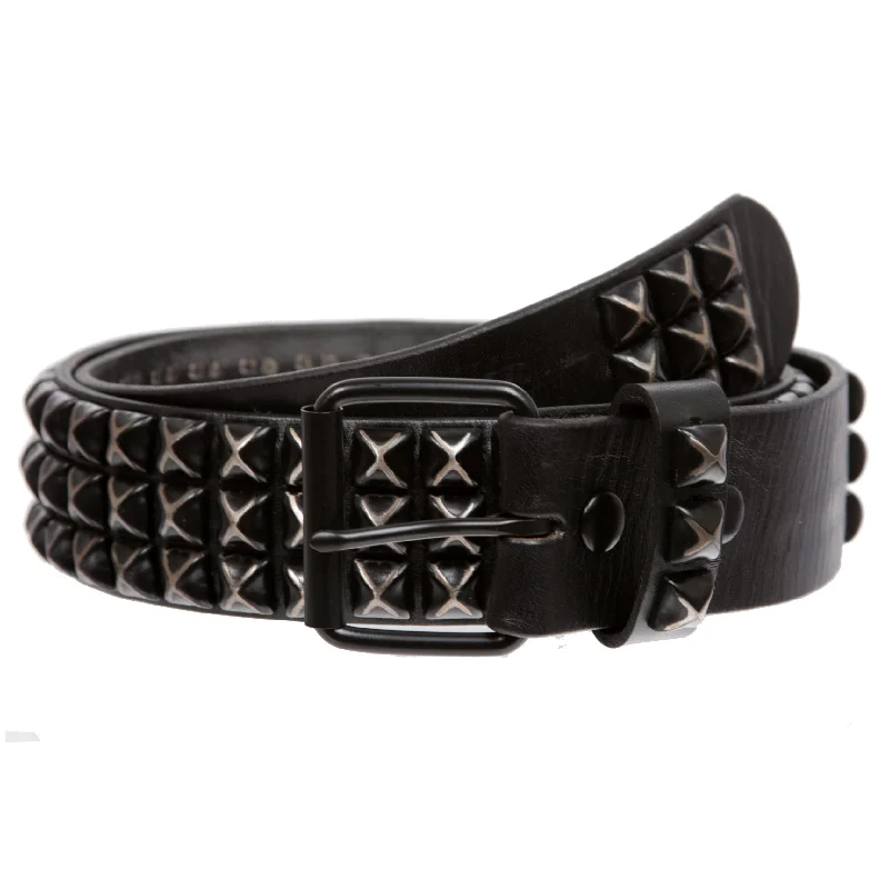 Snap On Oil Tanned Three Row Punk Rock Star Distressed Black Studded Full Grain Cowhide Leather Belt