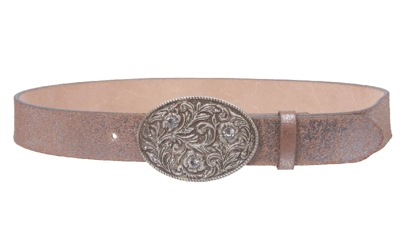 Snap On Crack Print Vintage Retro Leather Belt with Rhinestone Flower Buckle