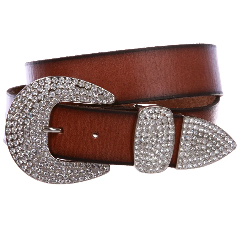 Women's Solid Real Leather Belt with Western Rhinestone Buckle 3-piece set