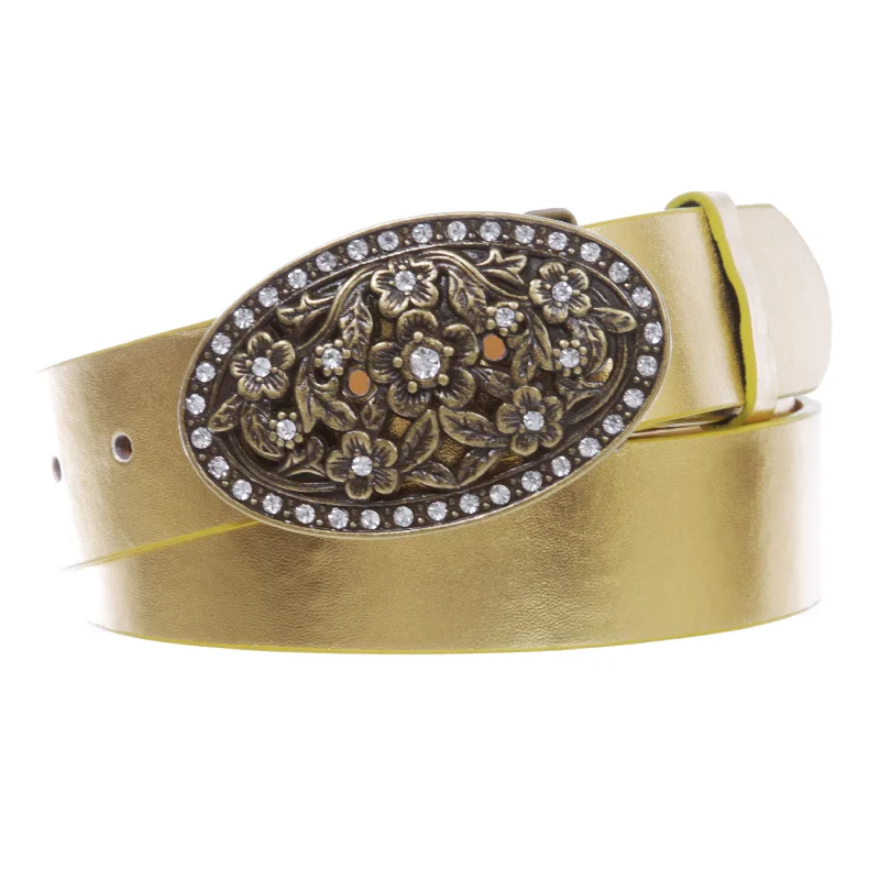 1 1/2" Women's Snap On Belt With Oval Perforated Engraved Crystal Rhinestone Western Floral Buckle