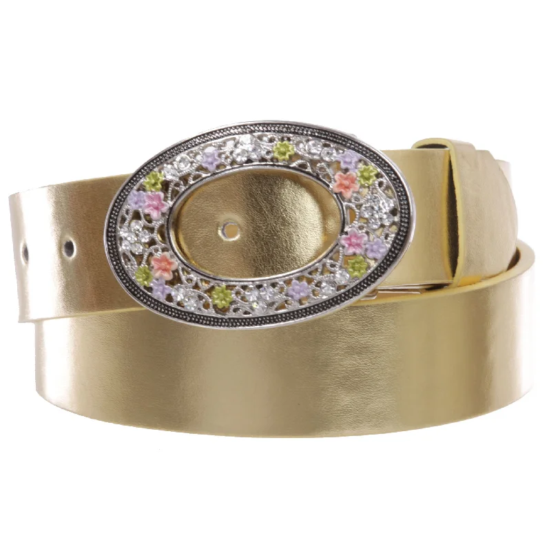 1 1/2" Women's Snap On Oval Rhinestone Western Engraving Hollow Out Perforated Floral Flower Buckle  Leather Belt