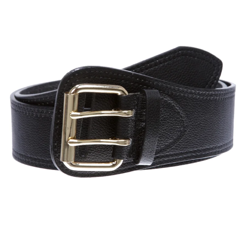 Women's Litchi Veined Double Stitch Double Hole Tapered Leather Belt