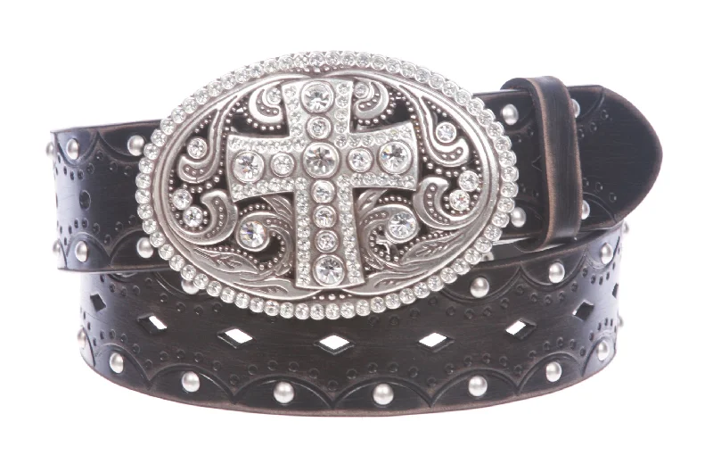 Studded Perforated Embossed Leather Belt With Rhinestone Bling Cross Buckle