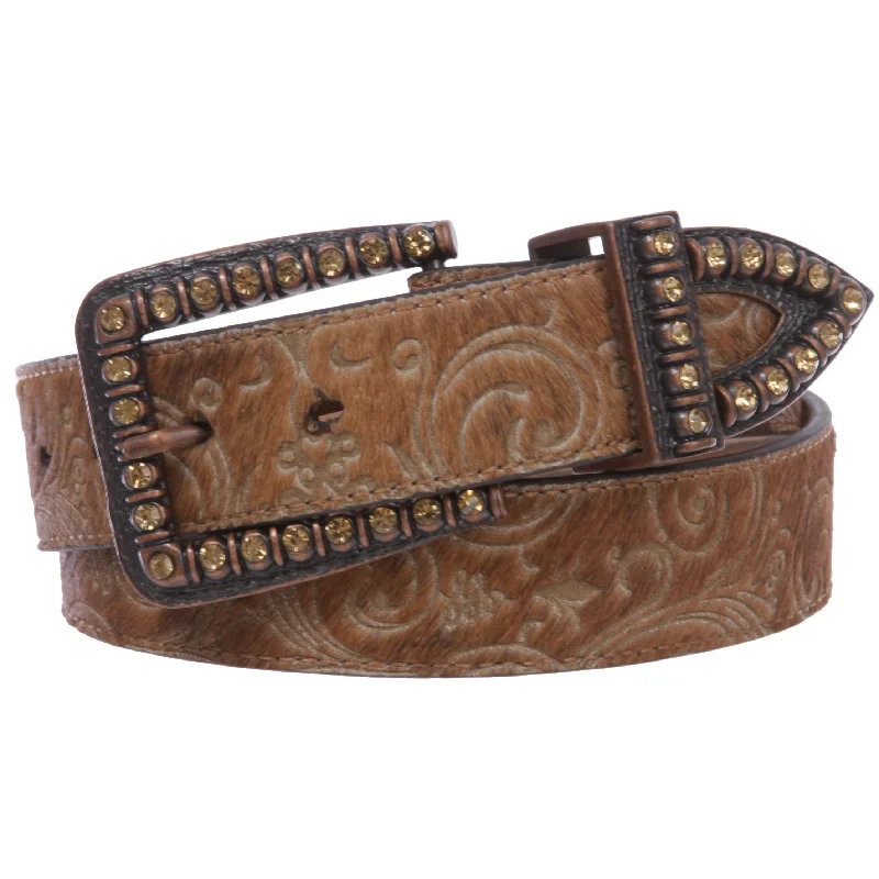 Women's Western Cowgirl Rhinestone Genuine Leather Faux Animal Fur Belt