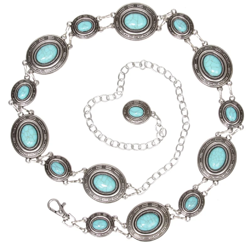 Women's Western Oval Concho Turquoise Stone Chain Belt