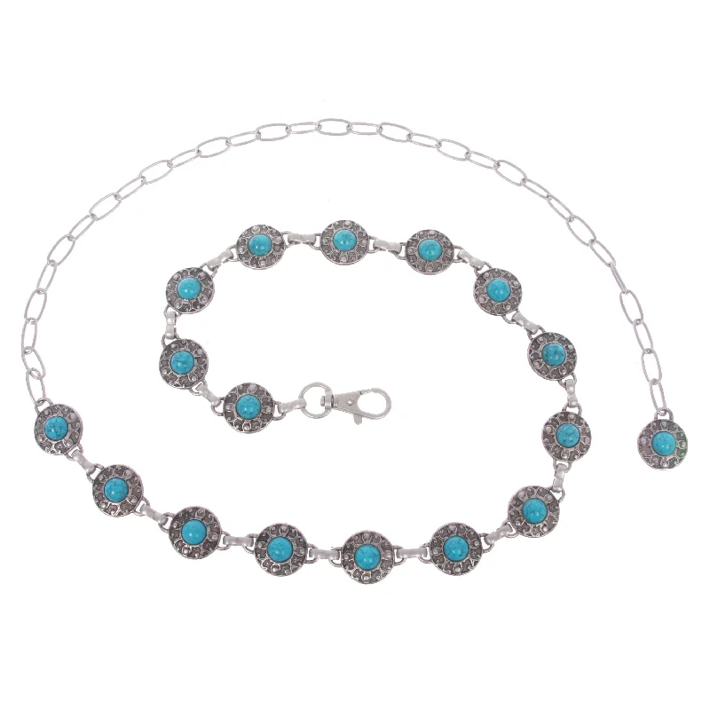 Women's Skinny Western Turquoise Stone Blue Concho Chain Belt