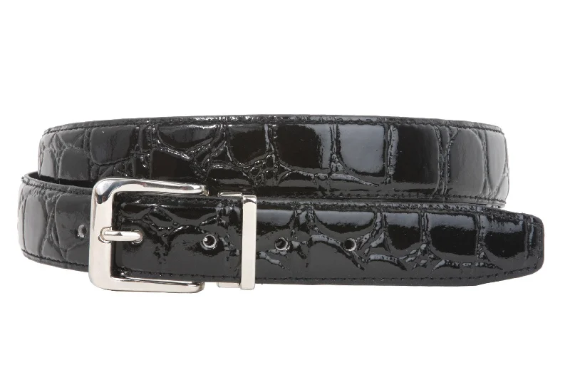 1 1/8 Inch Clamp On Single Loop Silver One Size Fits All Feather Edged Faux Alligator Grain Croco Print Patent Leather Belt