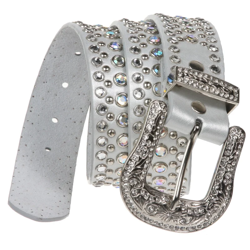 Rhinestone Metallic Leather Studded Belt with Western Rhinestone Removable Buckle