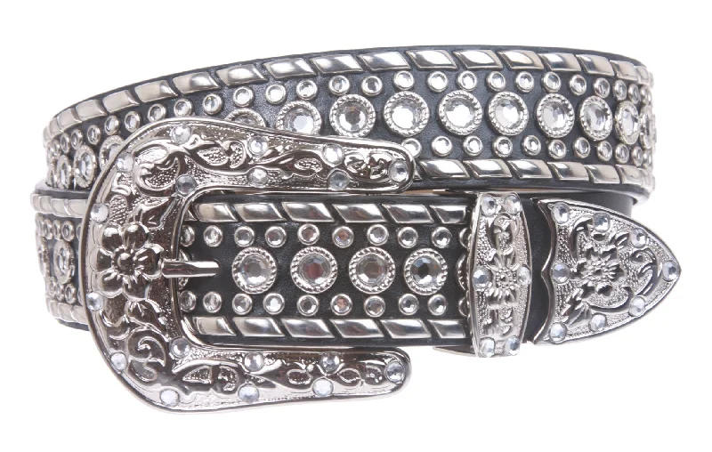 Western Rhinestone Silver Studded Leather Belt