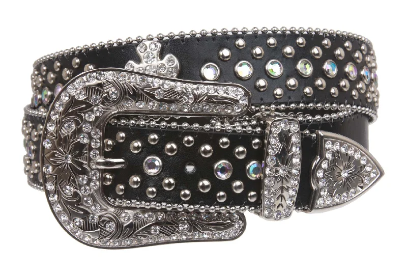 Western Rhinestone Silver Circle Studs and Cross Decoration Leather Belt