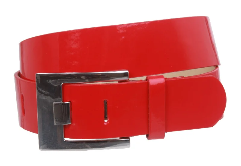 Ladies Square Metal Buckle Patent Plain Leather Fashion Belt