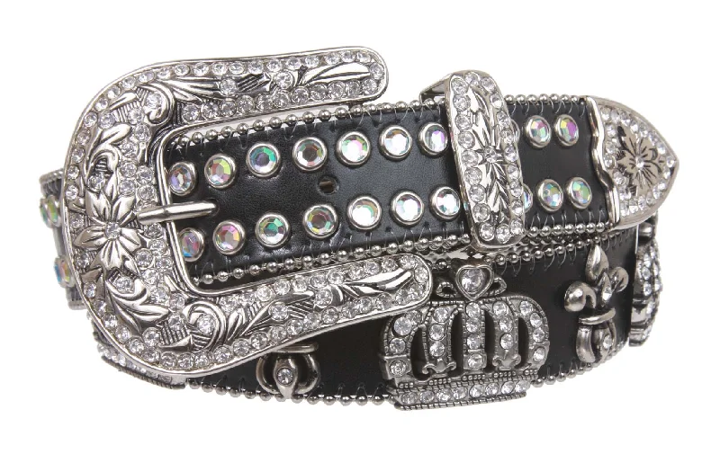 Western Rhinestone Fleur De Lis and Crown Genuine Leather Belt