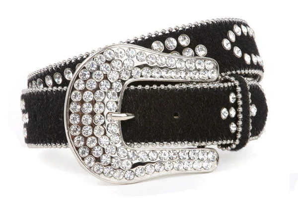 Western Rhinestone Silver Studded Faux Fur Genuine Leather Belt