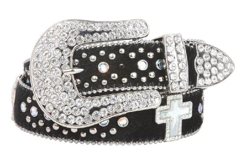 Snap On Rhinestone Cross Silver Circle Studded Faux Fur Genuine Leather Belt