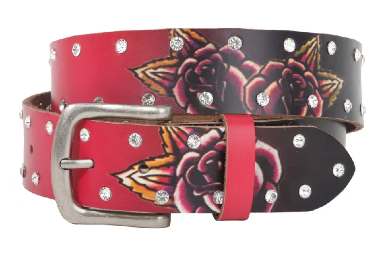 1 1/2 Inch Snap On Rhinestone Rose Printed Genuine Leather Belt