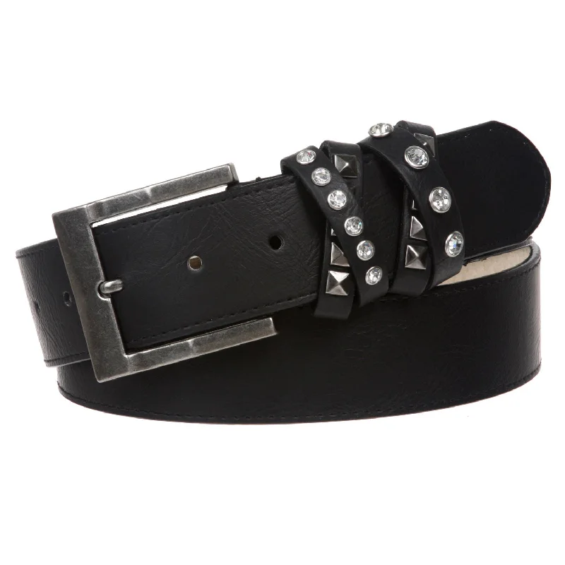 Women's Stitch Leather Jean Belt With Rhinestone Loop Detail