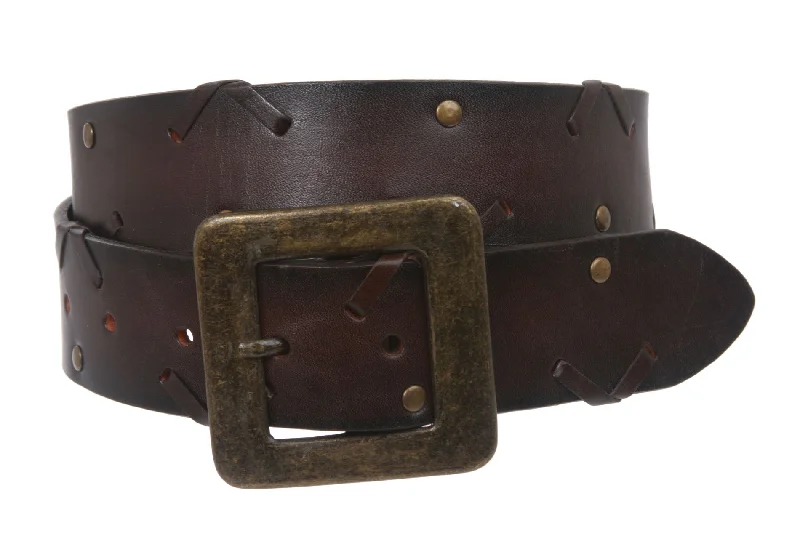 Square Buckle Vintage Distressed Studded Leather Belt