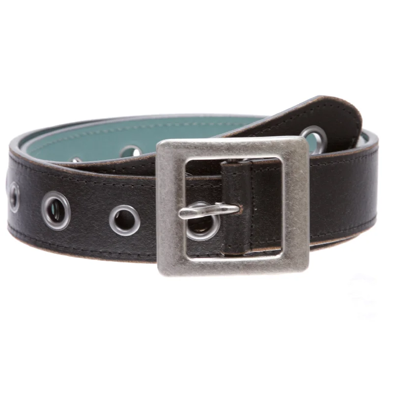 Square Buckle Grommets Vintage Distressed Leather Jean Belt