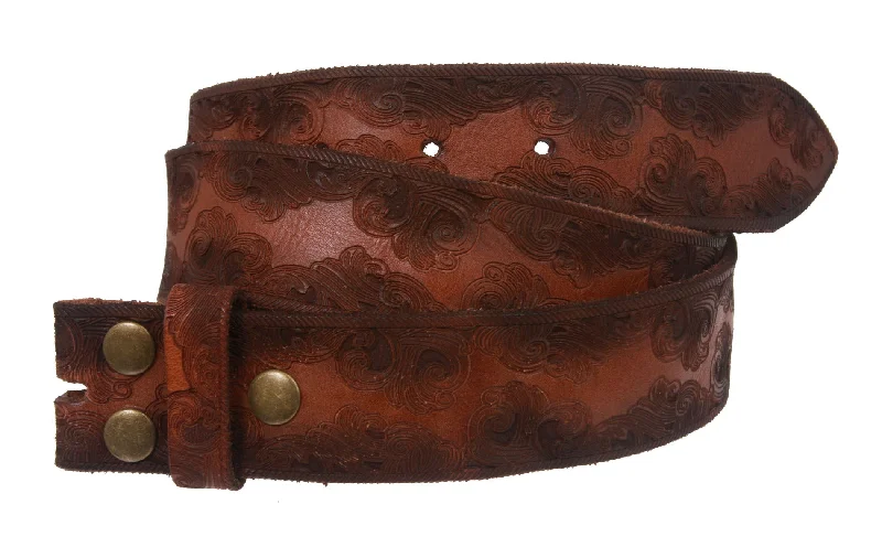 Snap On Soft Hand Floral Embossed Vintage CowhideLeather Belt Strap