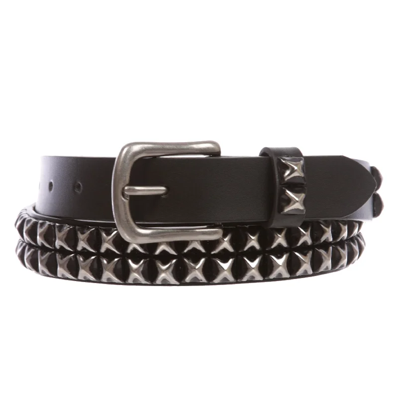 Snap On Two Row Punk Rock Star Distressed Black Studded Leather Belt