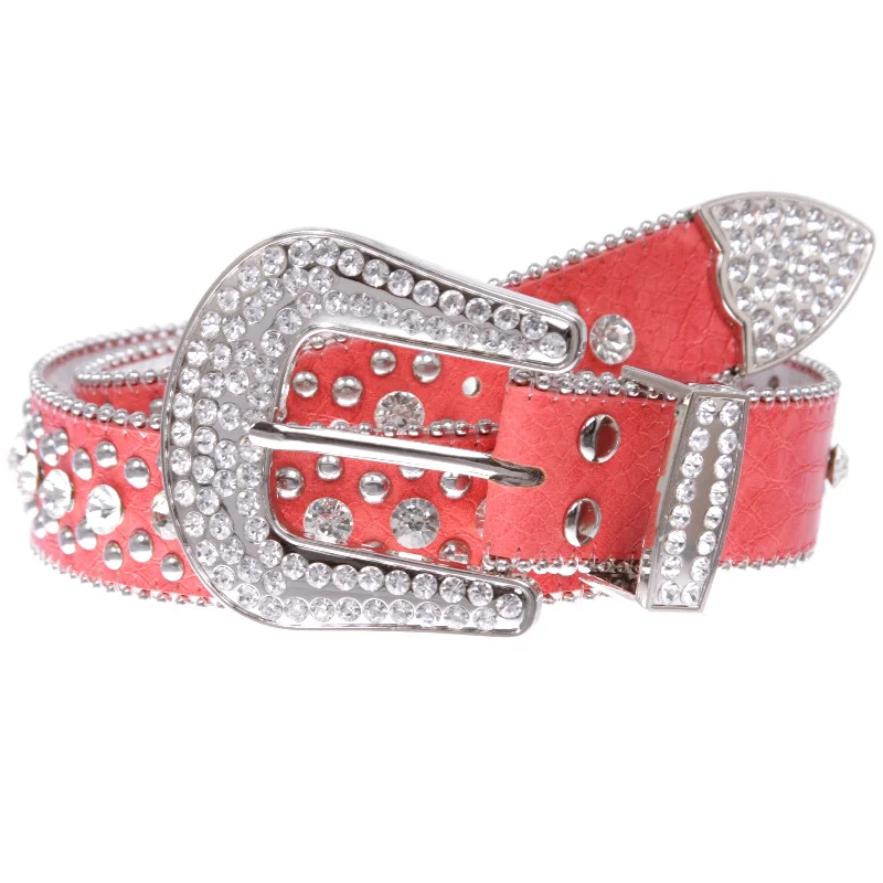 Women's Western Cowgirl Alligator Rhinestone Studded Leather Belt