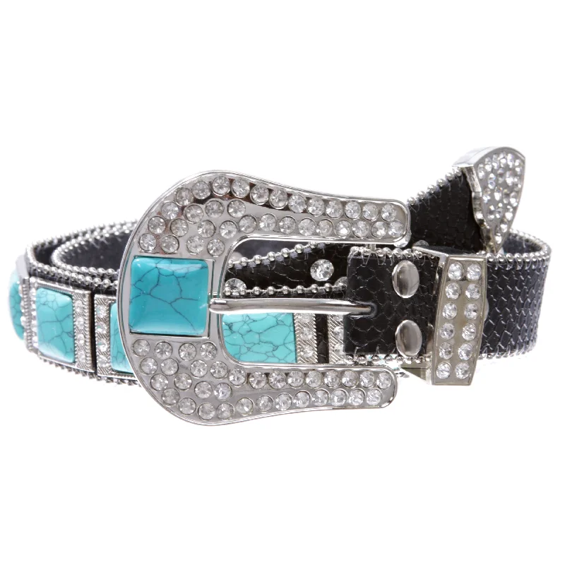 Cowboy Cowgirl Western Rhinestone Leather Belt with Big Turquoise Stone Concho