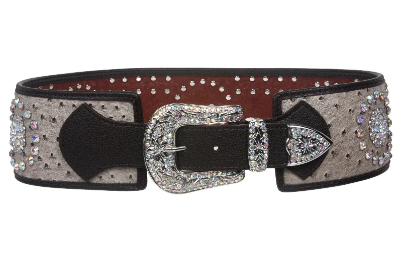 Women's Wide Contour High Waist Faux Ostrich Print Western Rhinestone Belt