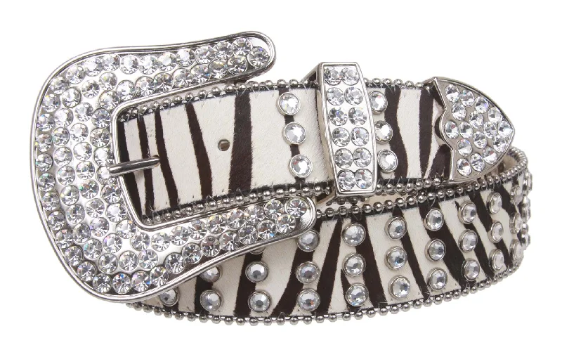 Cow Hair Western Rhinestone Ornaments Zebra Print Genuine Leather Belt