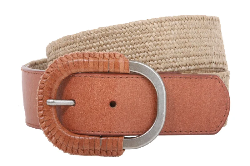 Semi-covered Elastic Raffia Woven Genuine Leather Stretch Belt