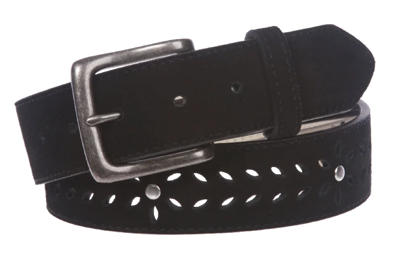 Women's 1 1/2" (38 mm) Snap on Suede Perforated Studded Leather Belt