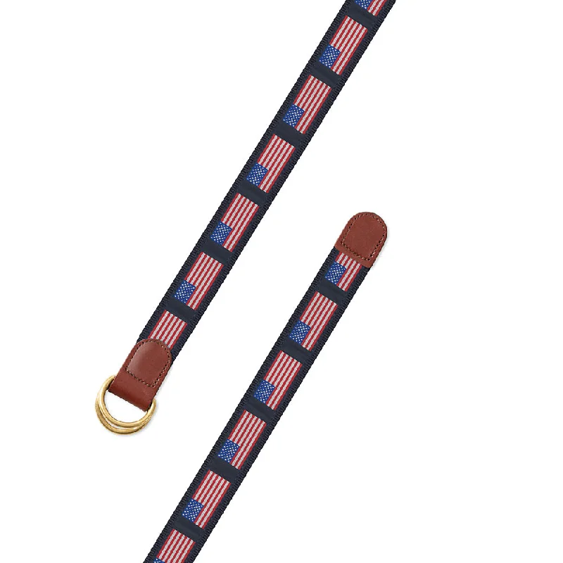 American Flag on Navy Motif D-Ring Belt