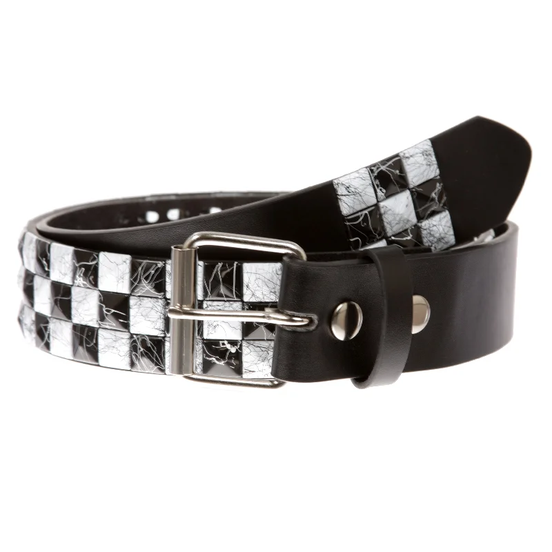 Snap On 1 1/2" White & Black Checkerboard Punk Rock Studded Belt