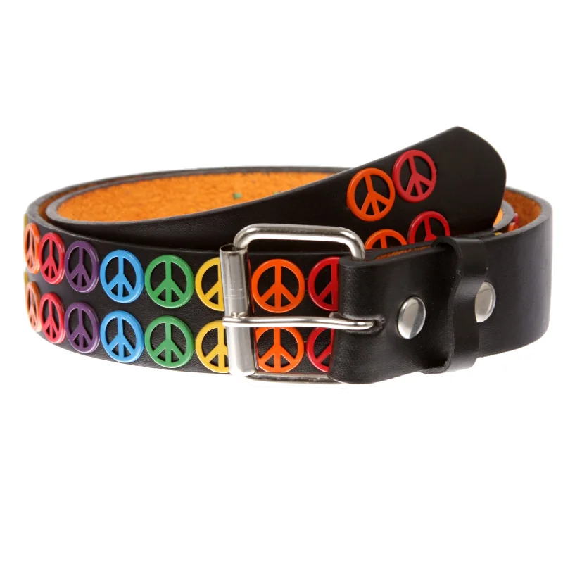 Snap On Peace Sign Concho Leather Belt - Rainbow or Silver options