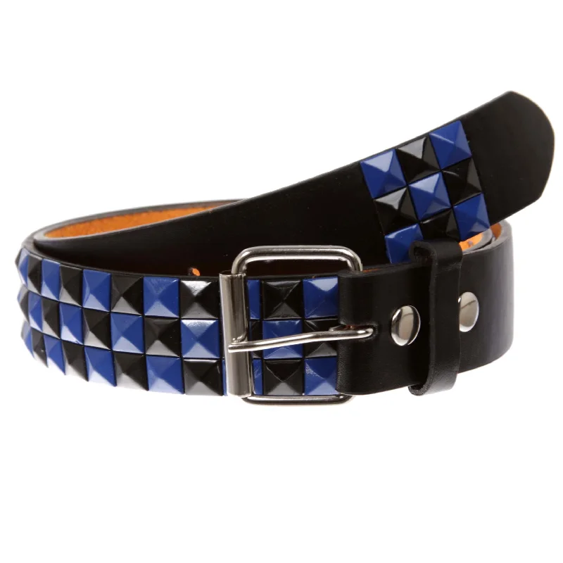 Snap On Punk Rock Black & Blue Star Studded Checker Board Leather Belt