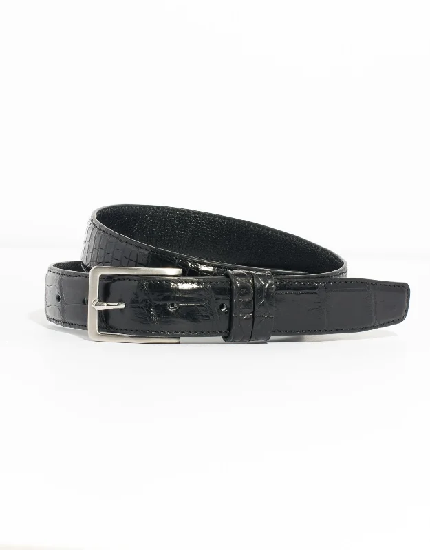 BLACK CROCODILE BELT WITH SILVER BUCKLE