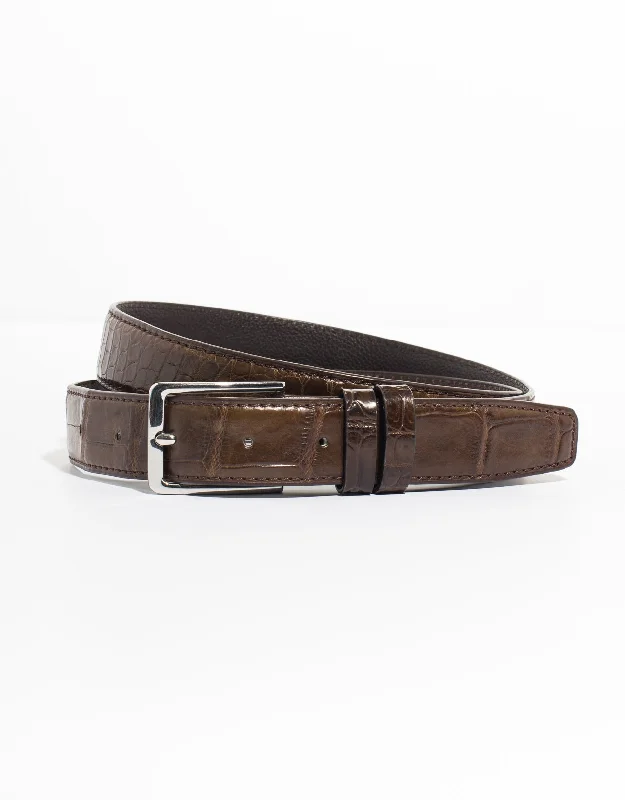 BROWN CROCODILE BELT WITH SILVER BUCKLE