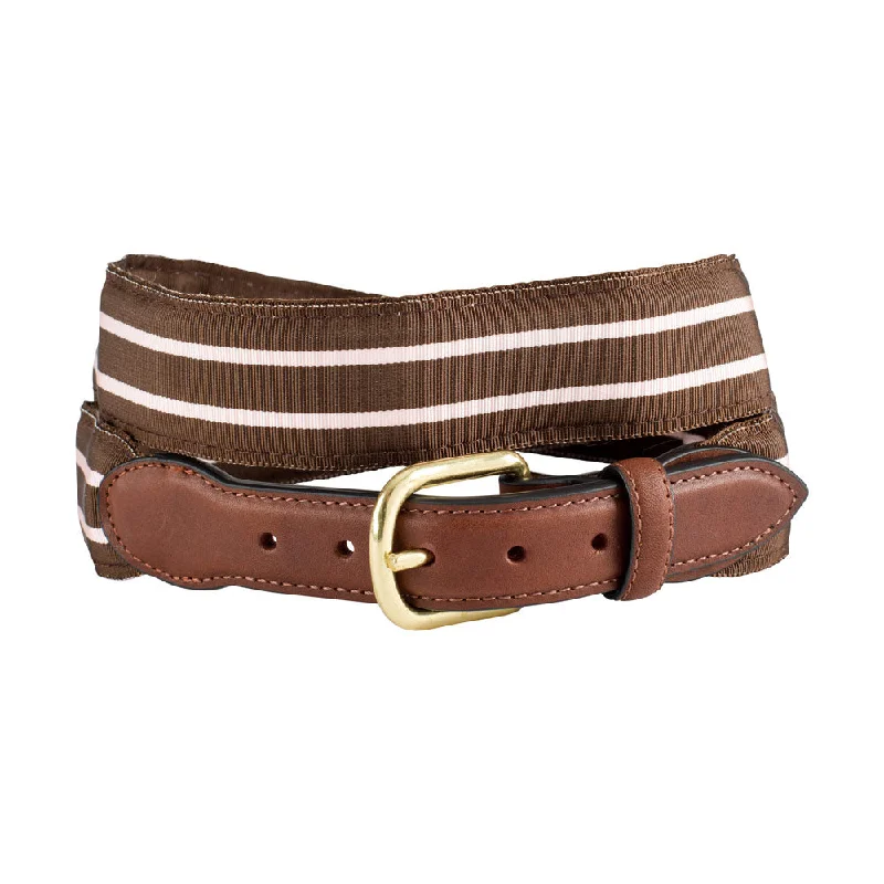 Brown & Pale Pink Grosgrain Ribbon Leather Tab Belt