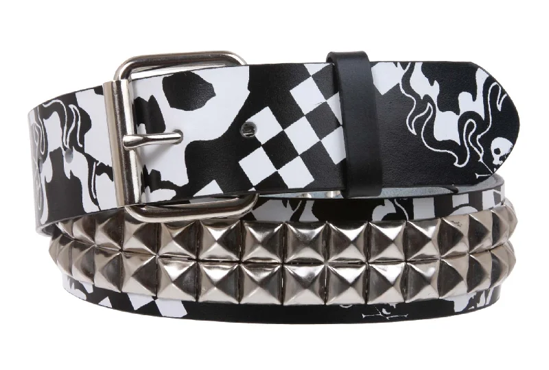 Snap On Art work Skull Cross Bone Tattoo Print Punk Rock Silver Star Studded Leather Belt