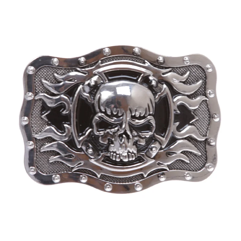 Rectangular Skull with flame Cross Buckle