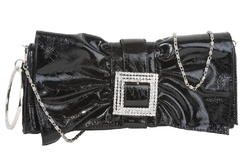 Rhinestone Buckled Metal Circle Let Ruffled Bow Design Patent Evening Bag