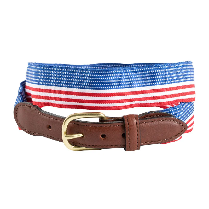 Flag Pattern Grosgrain Ribbon Leather Tab Belt