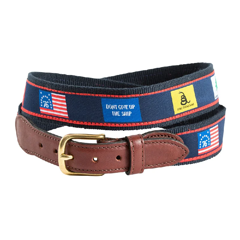 Founding Flags on Navy Bespoken Motif Leather Tab Belt