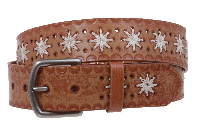 Snap on Flower Embossing Vintage Leather Belt