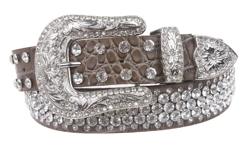 Snap On Western Faux Crocodile Print Rhinestone Leather Belt