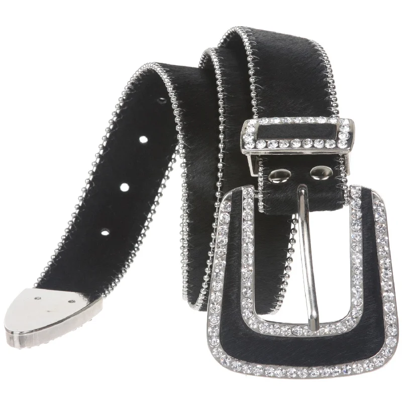 1 1/2" Hair Calf Rhinestone Ornaments Genuine Leather Belt