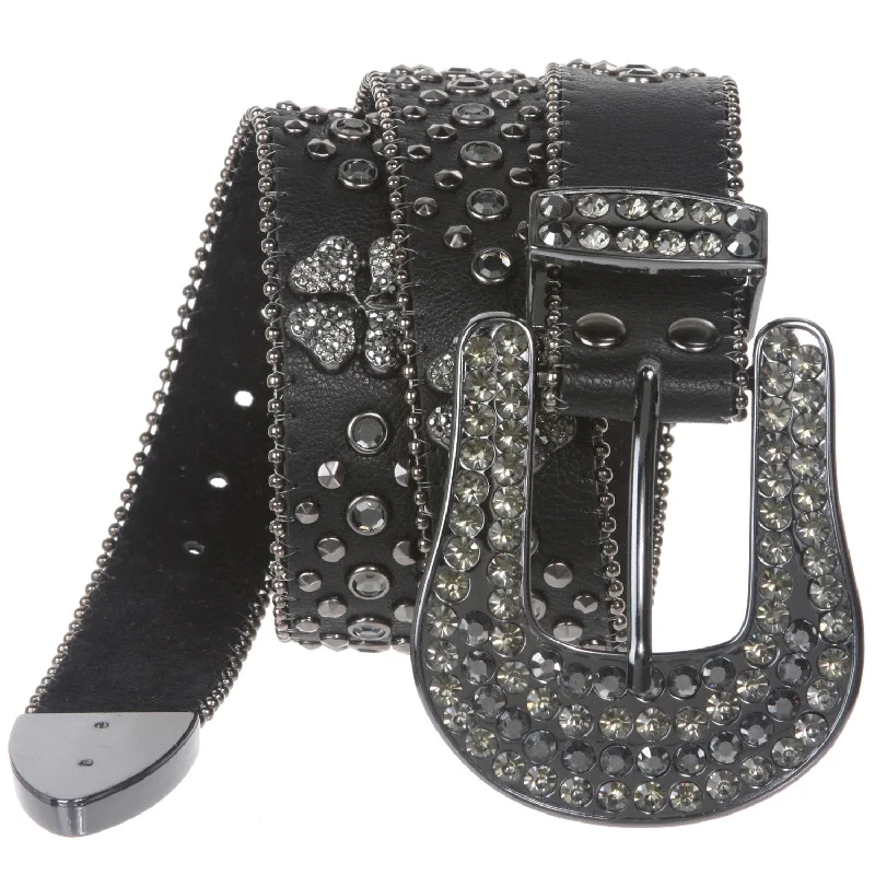 Snap On Western 4 Leaf Clover Rhinestone Studded Leather Belt